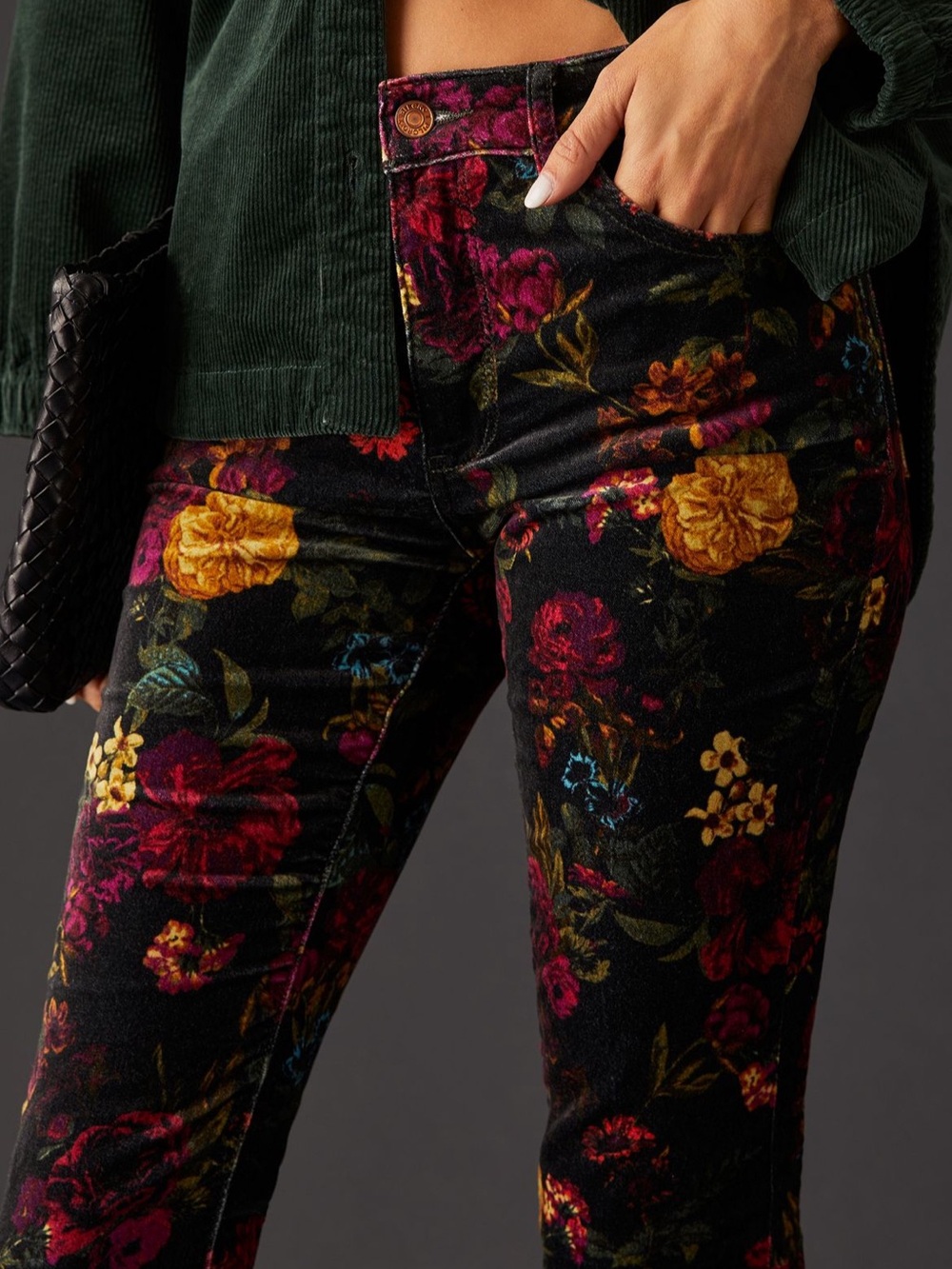 Anthropologie Pilcro Mid-Rise Velvet Skinny Jeans Floral Print 30